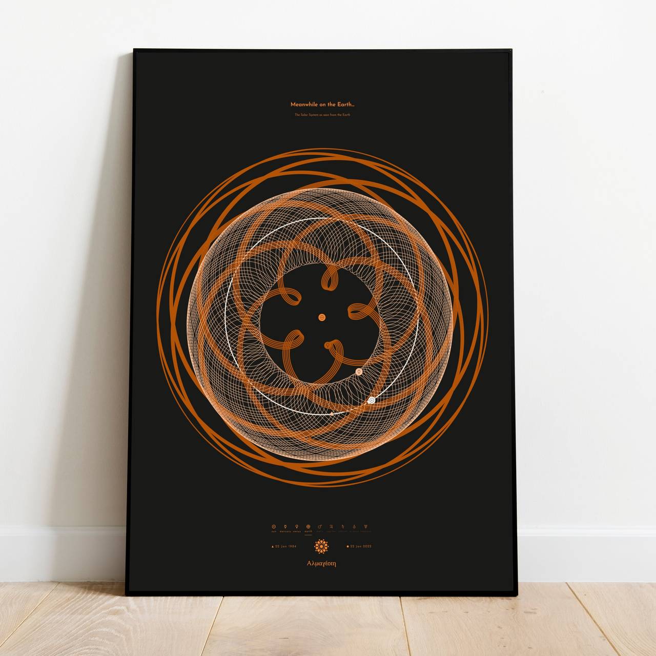Choose your planet, your meaningful dates, and create a unique piece of astronomical wall art. The perfect gift to celebrate something special on the Earth through the planetary movements up in the sky. You can customize the reference planet, the starting and ending dates, the zoom level, the graphical theme and you can optionally add a personal message.